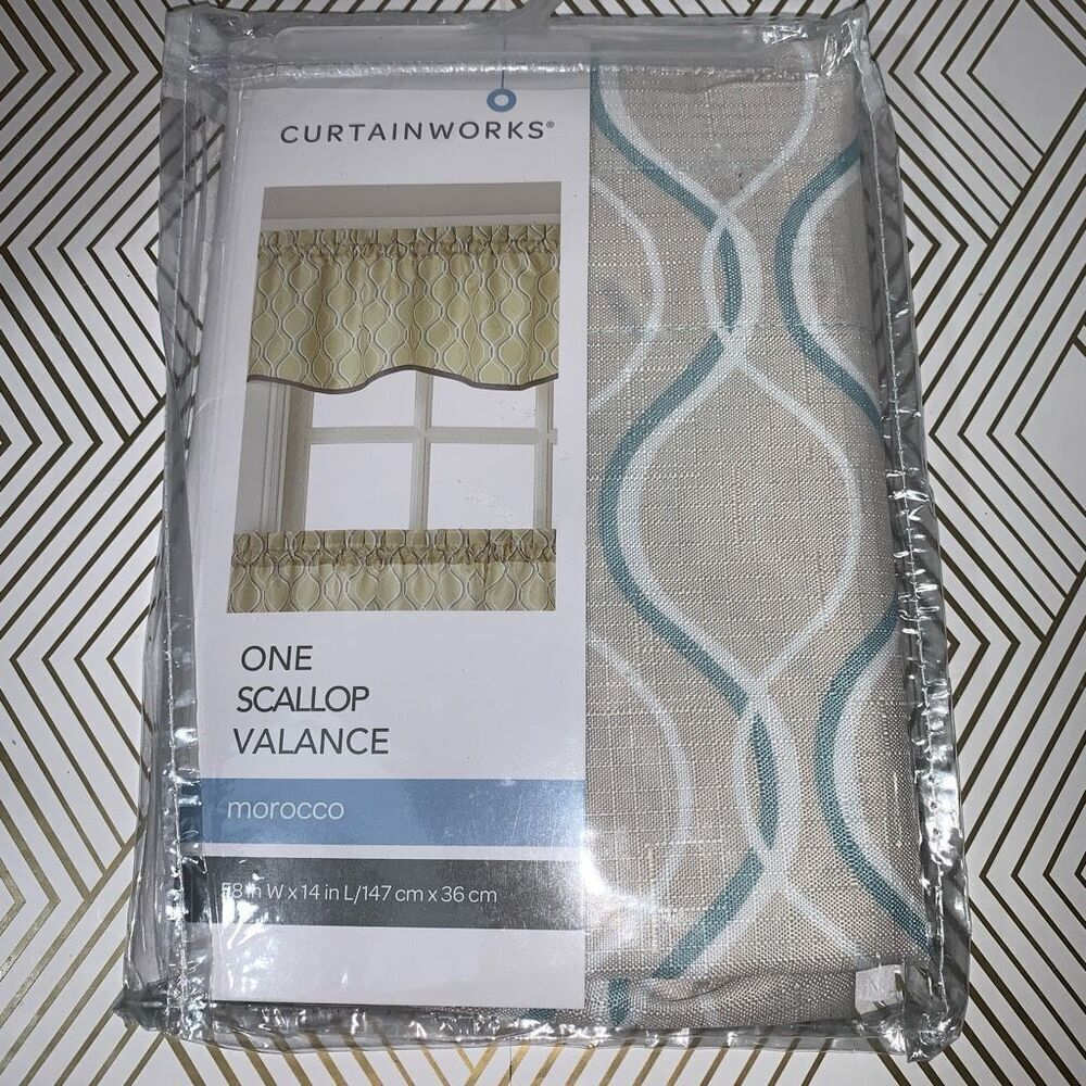 Curtainworks One Scallop Window Valance‎ Morocco Beige Blue White 58x14 New